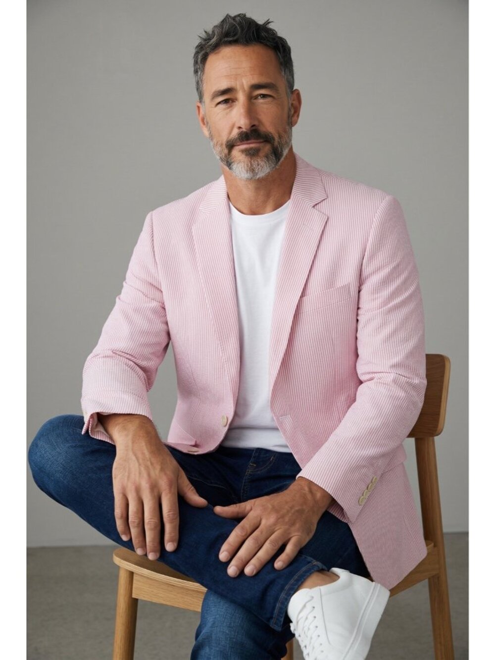 Emigre 100% Cotton Blazer Pink White Seersucker Stripe Lightweight Men’s R36/30